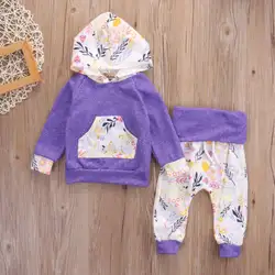 Для новорожденных Обувь для девочек осенняя одежда Длинные рукава кукурузы печати пальто с капюшоном штаны с цветочным принтом фиолетовый