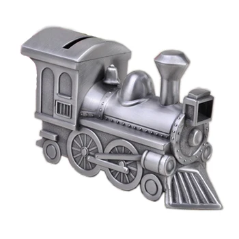 

Vintage Silver Steam Railway Engine Shaped Metal Alloy Money Coin Saving Bank Box