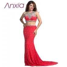 Frauen Sexy Zwei Stücke Halter Mermaid Abendkleid 2016 Anxia Spitze Strass Perlen Formelle Party Prom Kleid Robes De Soiree