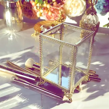 

Direct ins Nordic retro copper lace glass jewelry storage box transparent eyebrow pencil pearl makeup tube plating free mail