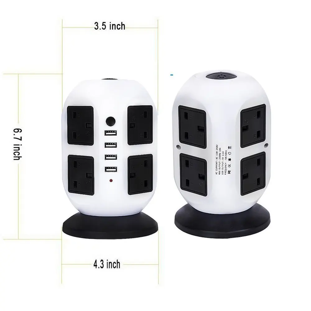 Вертикальный сетевой адаптер, защита от перенапряжения, 8 розеток AC, UK, розетка с USB 4 портами, защита от перегрузки, 2 м/3 м, удлинитель