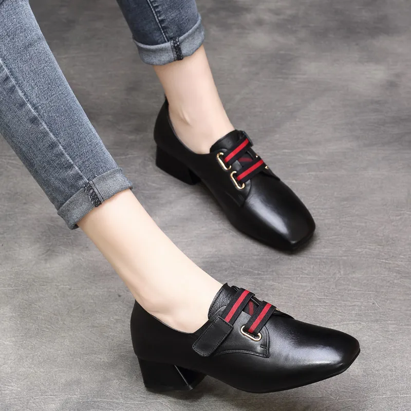 

Women Pumps Black Leather Lazy Shoes Spring 2019 Lace Up Fashion Women Genuine Leather Pumps Set Foot Handmade Women Low Heels