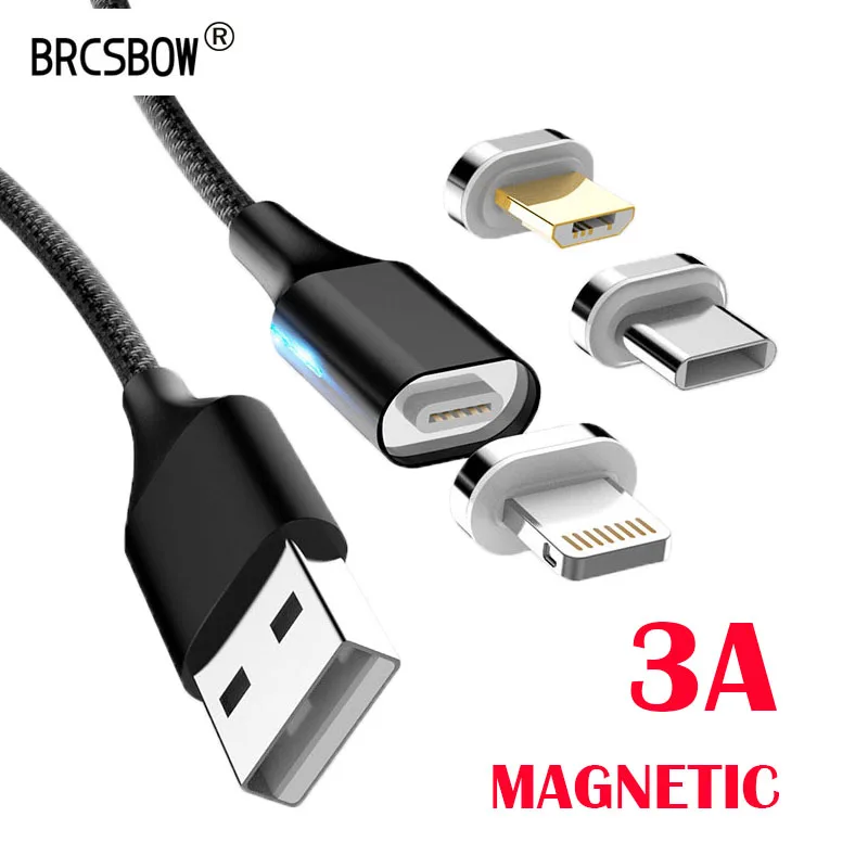

BRCSBOW Magnetic USB Cable Braided LED Type C Micro USB Fast Charging Cable for iPhone X 7 8 6 Xs Max XR Samsung S9 S8 Note 9 8