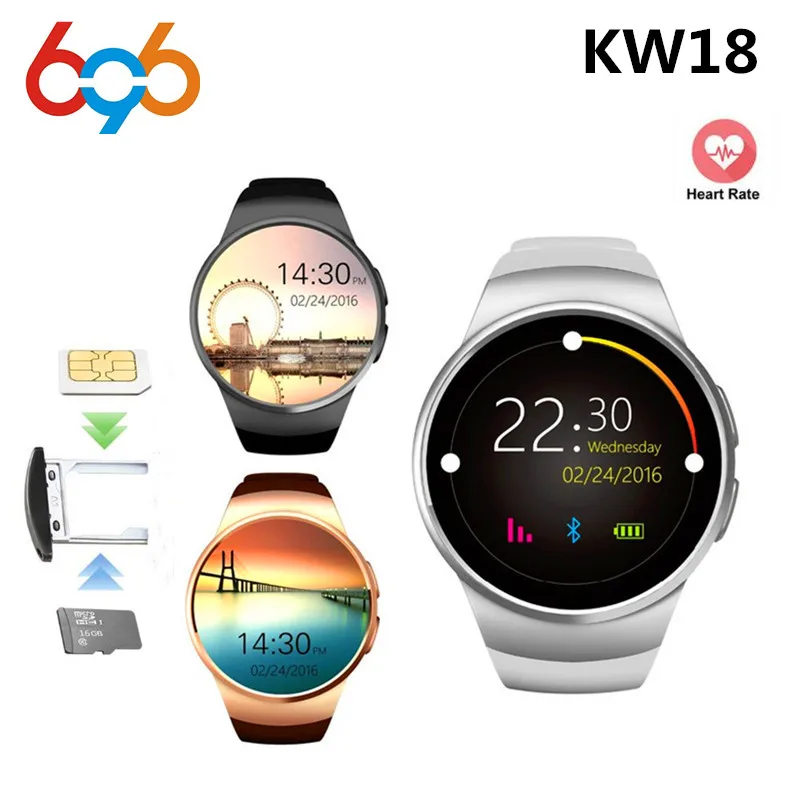 

696 bluetooth Smart Watch KW18 Round Screen support SIM TF card Heart rate music bluetooth smart watch kw18 For IOS Android