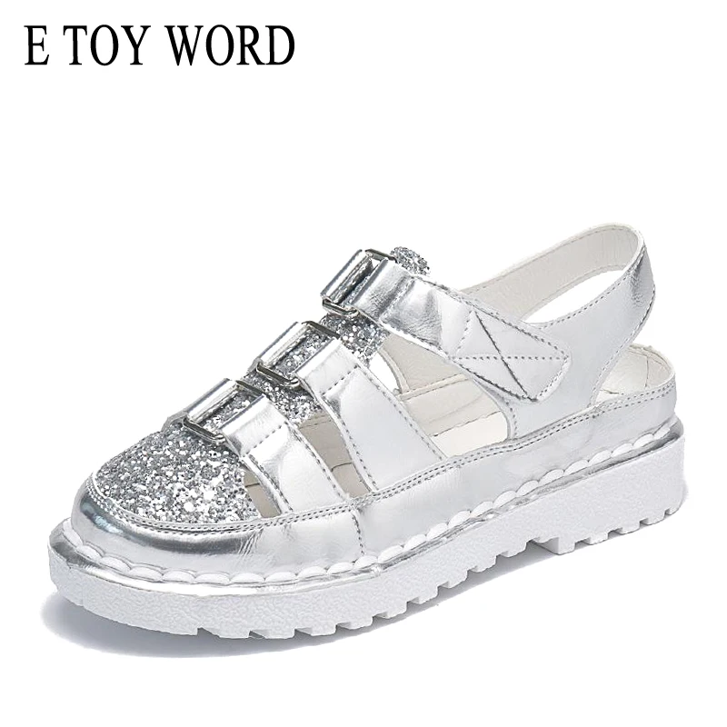 

E TOY WORD Sequins Sandals women 2019 summer flat Sandals Korean version non-slip casual shoes hollow out Roman women shoes