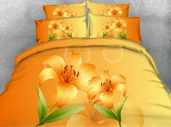 

JF-227 Dark and Light Orange Color Lily Flower print 4pcs California King 3D linens bedding