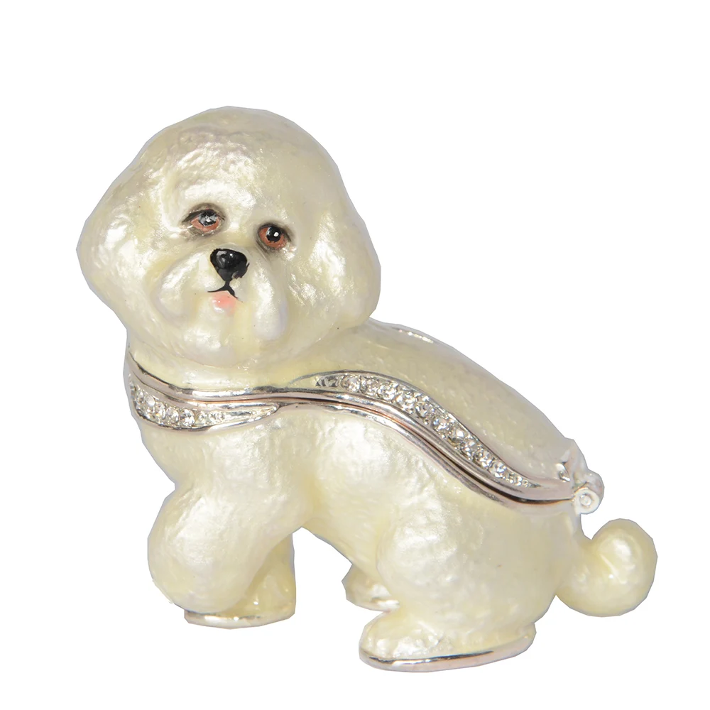 

Bichon Frise Enameled pewter dog trinket box hinged keepsake box dog gifts Animal Figurine Sculpture Miniature