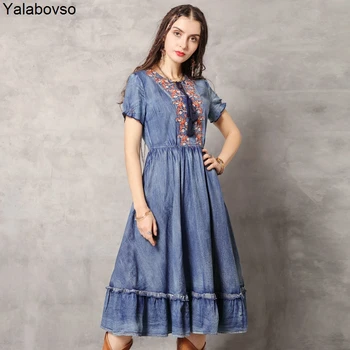 

Vintage Loose Zipper Dress for woman bandage O neck Embroidery Flare sleeve Retro Button dresses tassel female dress A50Z40