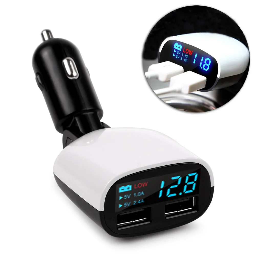 Dual USB Car Charger Adapter 2.4A+1.0A Voltage Monitor Car Charger For