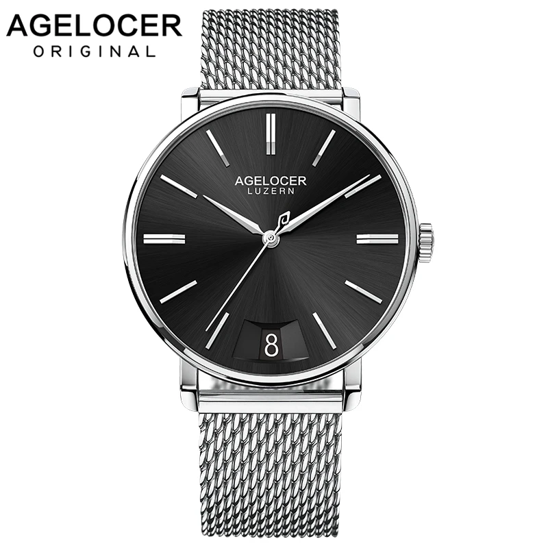 

AGELOCER Stainless Steel Mesh Strap Swiss Quartz Movement Waterproof Watches Men Sapphire Clock Male Luxury Watch 40mm