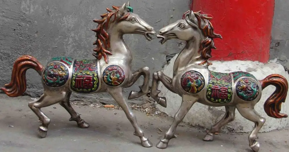 

Chinese White Copper Silver Painted Lucky Dragon Phoenix Broncos War Horse Pair