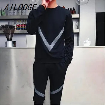 

AILOOGE 5XL Casual sporting suit men BIG V print autumn large size tracksuit track hidden suspenders Black men sweat suits set