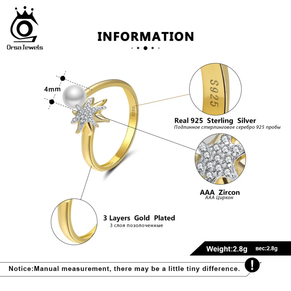 ORSA JEWELS Adjustable Ring For Women 925 Solid Sterling Silver Rings Starfish AAA Shiny CZ Genuine Pearl Luxury Jewelry SR98