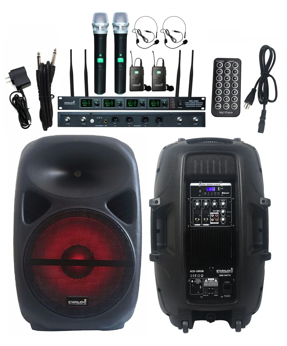 pa dj stage powered 15 inch 2500w pa speaker 2ch uhf wireless dj mic