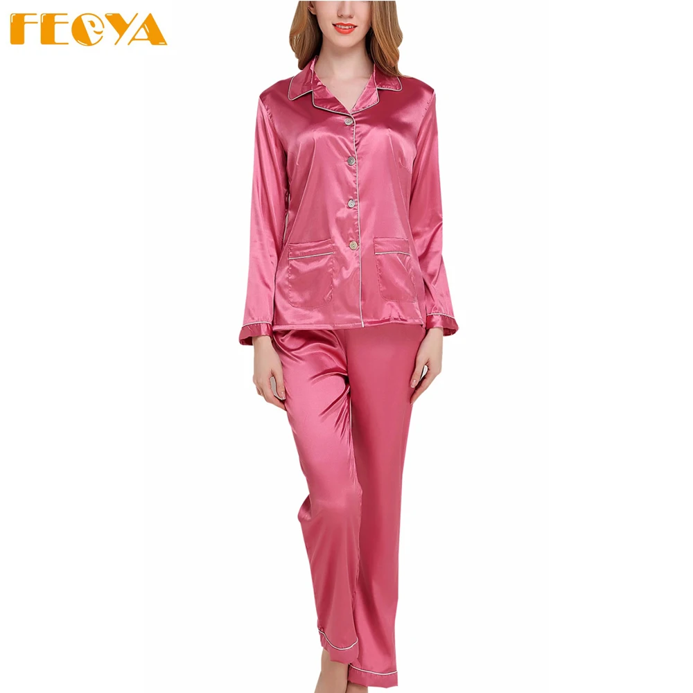 2017 Spring Autumn Women Pajamas Sleepwear Suit Set Sex Nightgown Femme Silk Loose Solid Long Sleeve Tops+Pants Style | Женская одежда