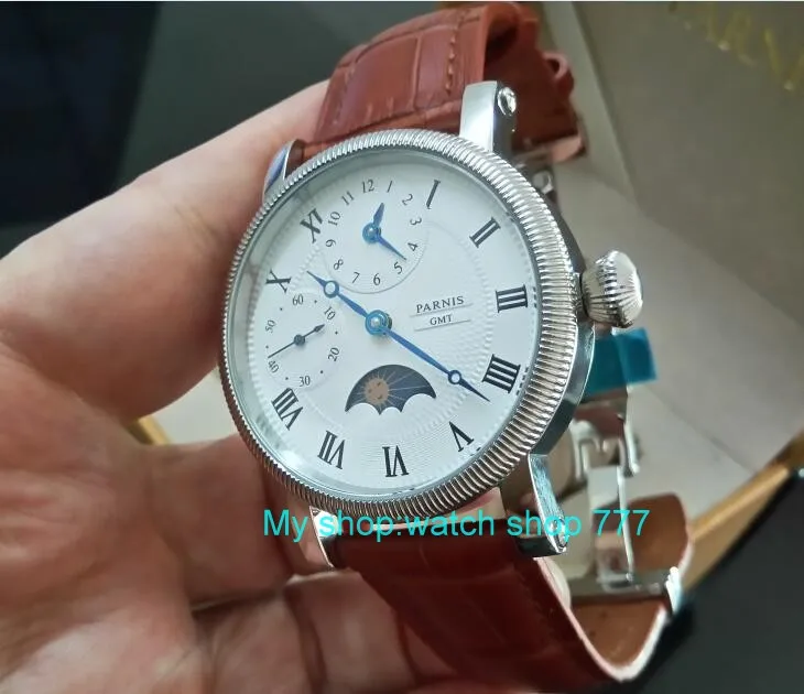 

butterfly buckle 44mm PARNIS Moon Phase Mechanical Hand Wind movement men's watch Multi-function Mechanical watches gd246A