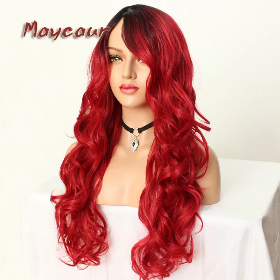 Maycaur Glueless Black Long Wavy Wig with Side Bangs Synthetic Hair Wigs for Women Heat Resistant Fiber Hair Wigs (15)