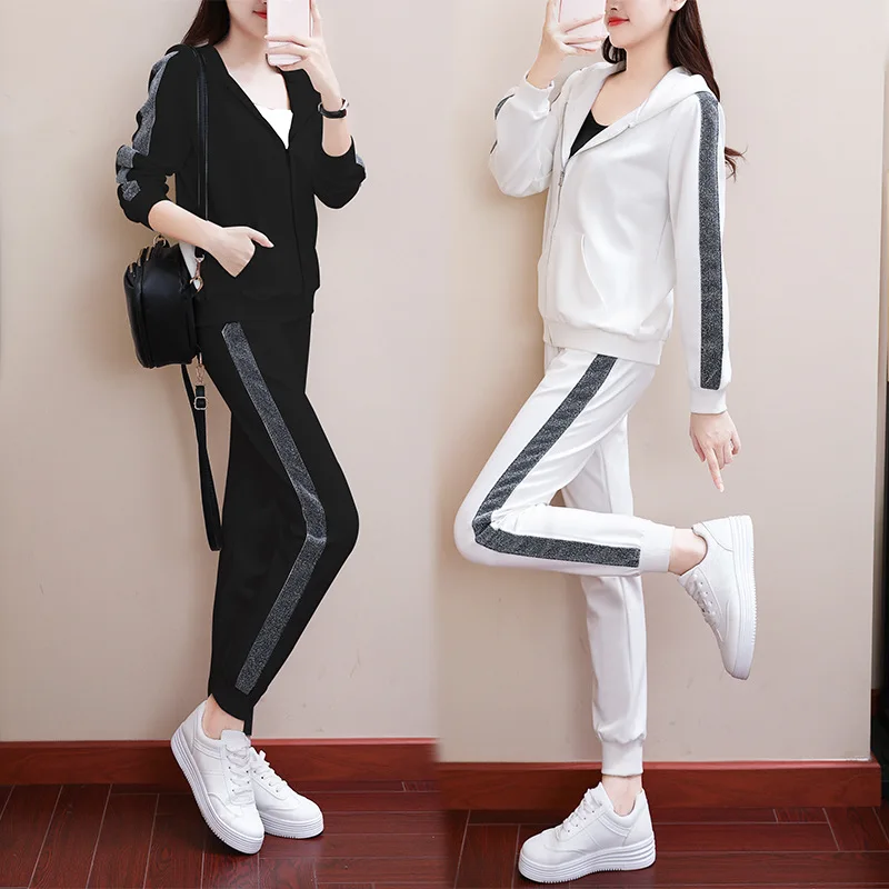 

Set 2018 autumn and winter casual loose solid color hooded collar long-sleeved clothes + fashion slim trousers ladies two-piece