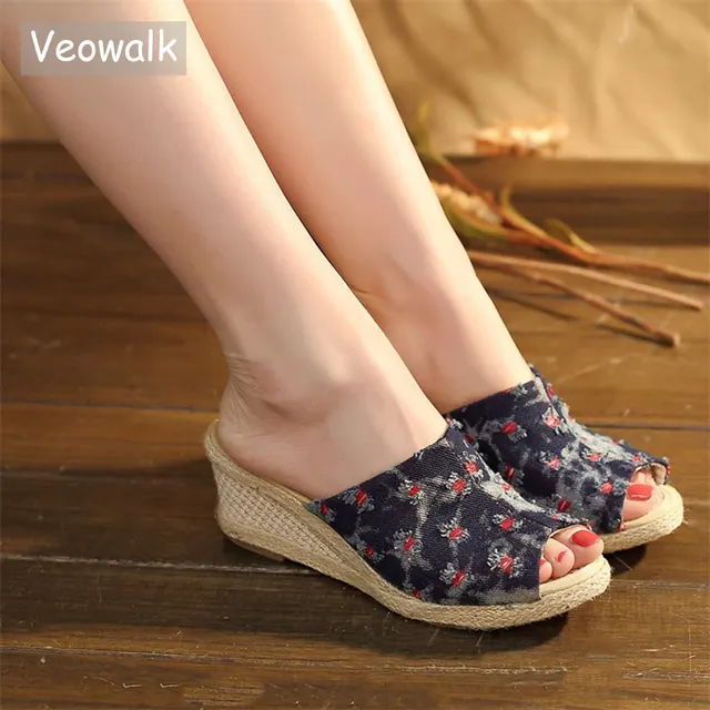 Veowalk Women Distressed Canvas Open Peep Toe Wedge Slide Clogs Handmade Retro Ladies Comfort Summer Jeans Mid Heel Shoes 