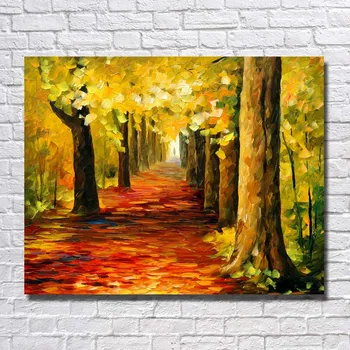 

100% handpainted knife roadside Golden trees Scenery Oil Painting On Canvas Wall Art picture for Room home Decoration no framed