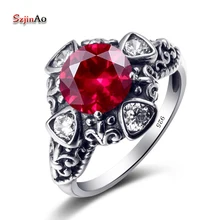 Szjinao Flower Tibetan Silver Rings Women Solid 925 Silver Ring Red Cubic Zirconia Cheap Jewelry Ring Skeleton Halloween Sale