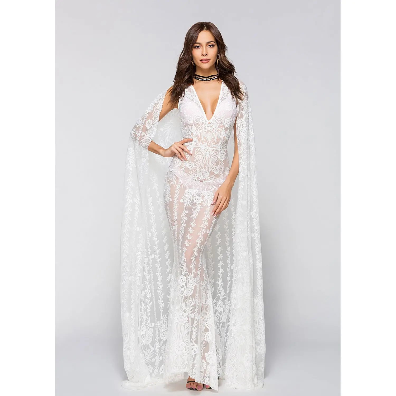 

High Quality 2019 White Lace Sexy V Neck Floor Length Gown Women New Elegant Dress Formal Wedding Evening Party Long Sexy Dress