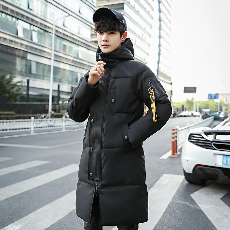 

Fashionable youthful men's winter Coat long section Men's winter clothing decorated with youth hooded three-dimensional pockets