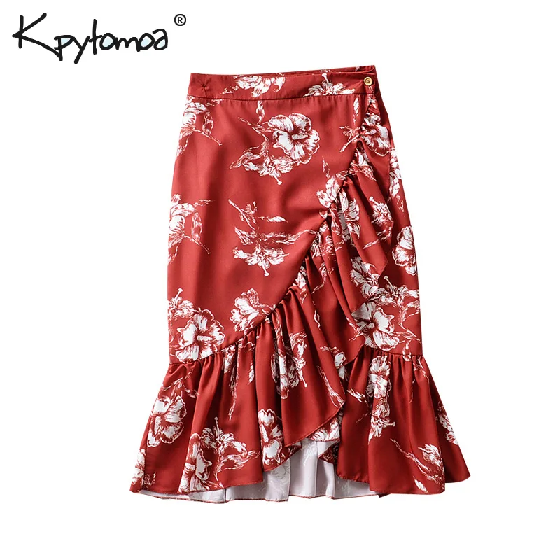 

Vintage Sweet Floral Print Wrap Pleated Midi Skirt Women 2019 Fashion Button Ruffle Streetwear Ladies Skirts Casual Faldas Mujer