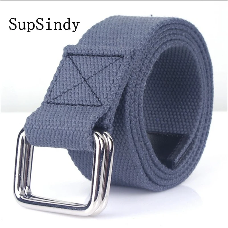 SupSindy Fashion Casual Men Canvas Belt Double Ring Metal Buckle Colorful Waistband Luxury Jeans Belts for Women Strap Male Gray