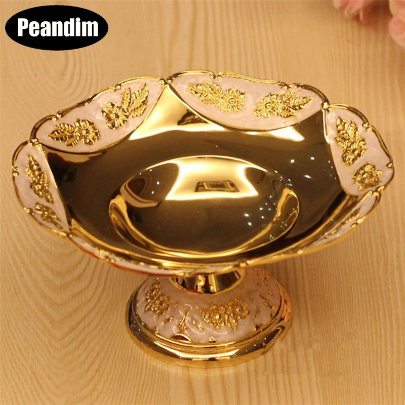 

PEANDIM Royal Golden Plated Fruit Dish Dessert Sweet Plate Fruit Tray/Plate For Home Party Decoration