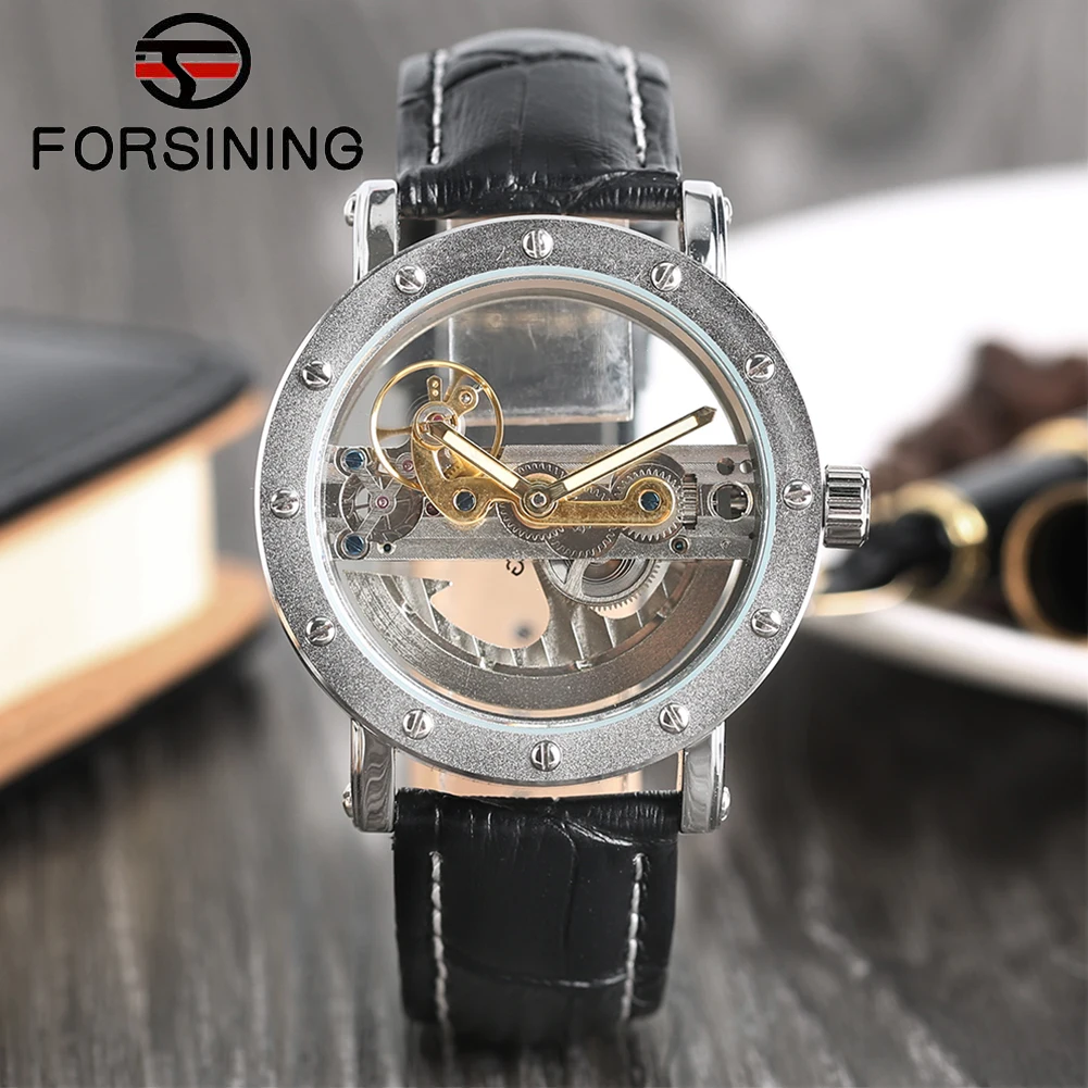 

2019 Luxury Business Hollow Automatic Mechanical Self Wind Watch Men Black Leather Wrist Watches Transparent Skeleton for Dad