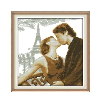 

Cross stitch embroidery small couple handmade painting 11CT printing embroidered cloth Paris love romantic kiss figure