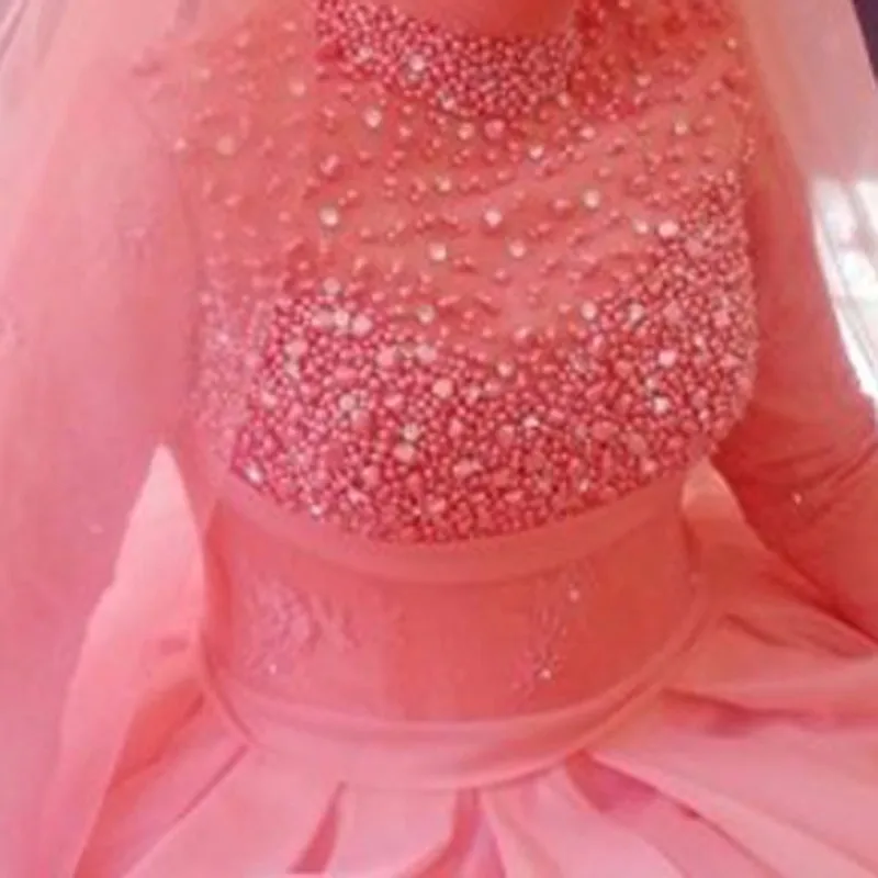 Hot-sale-new-elegant-pink-long-sleeve-high-neck-zipper-muslim-wedding-dress-beaded-applique-puffy (2)