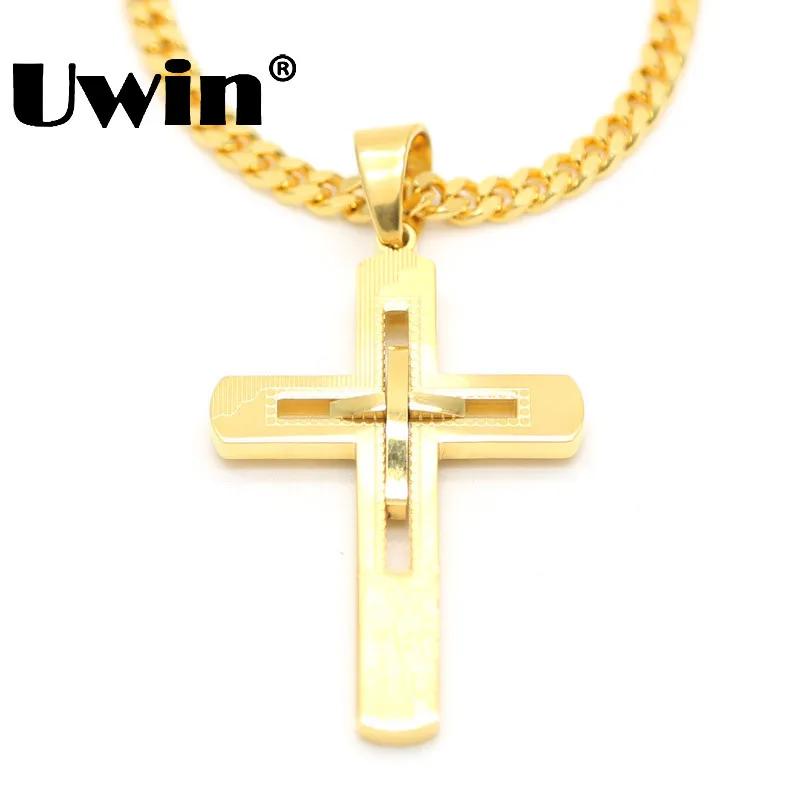 

Gold Color Stainless Steel Personality Crucifix Fashion Embedded Cross Religious Belief Charm Pendant Long Cuban Chain Necklace