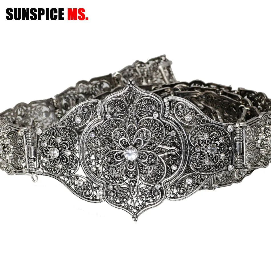 SUNSPICE-MS Закавказье ретро древний серебряный металлический пояс для женщин этнические свадебные ювелирные кристаллы тела Талия цепь Регулируемая длина - Цвет: belt260silver