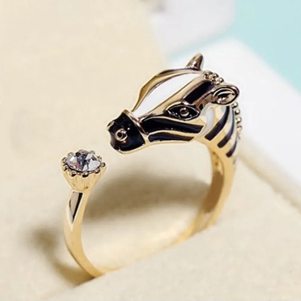 

VelishyPersonality Punk Zebra Horse Head Rhinestone Opening Finger Ring Gift