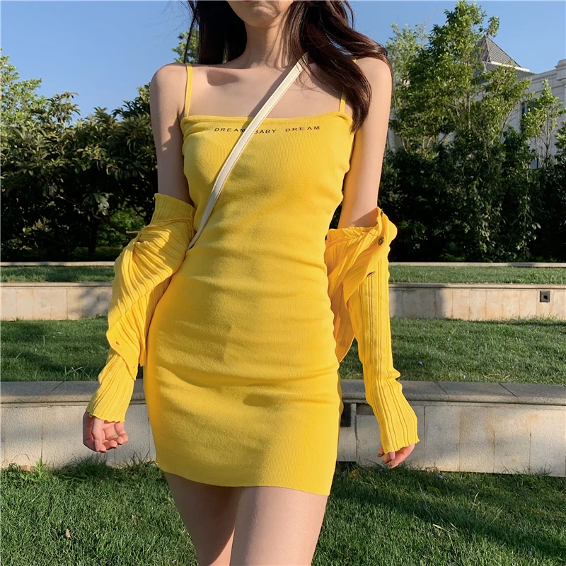 

YICIYA Sexy Women Two Piece Outfits Matching Sets Yellow Embroidered Letter Knit Long Sleeve Cardigan and Sling Bag Hip Dress