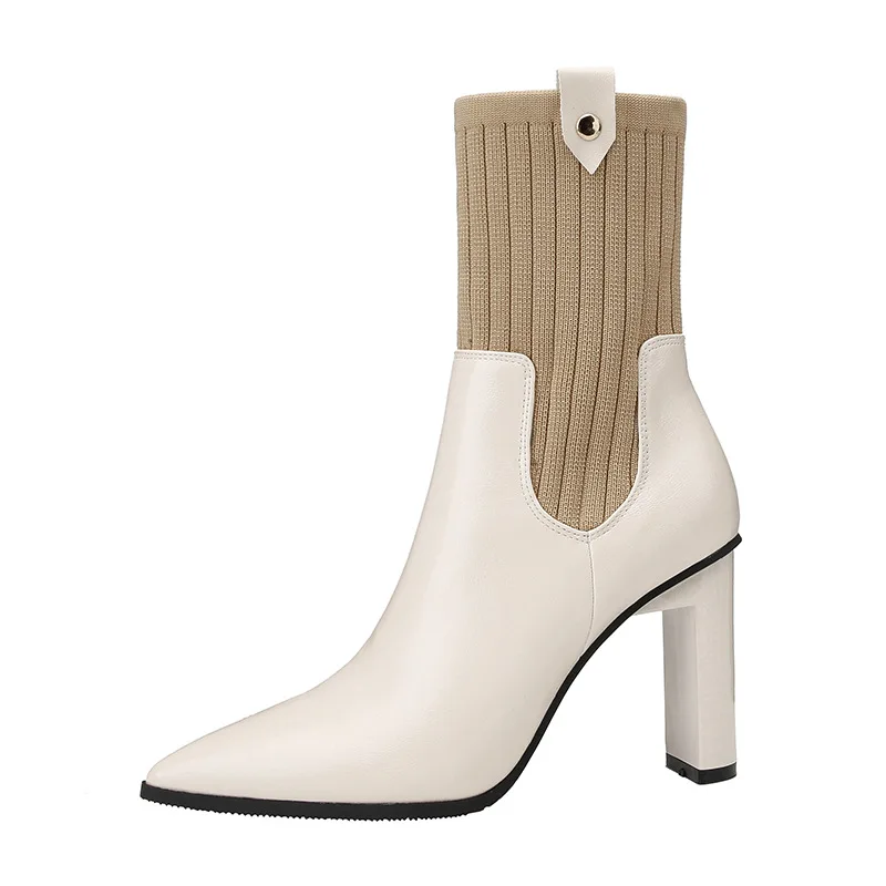 

Sexy PU Patchwork Sock Boots Block Heels Autumn Winter Shoes Woman 2019 Stretch High Heel Boots Women Chelsea Boots White