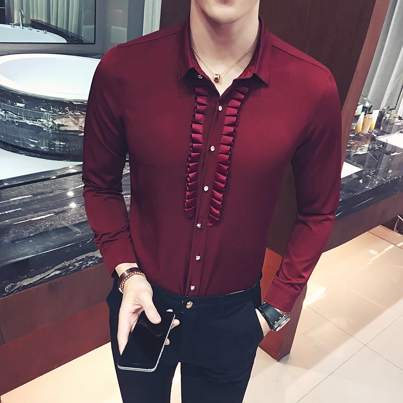 Men shirt fashion slim solid color long sleeved shirt nightclub bar ...