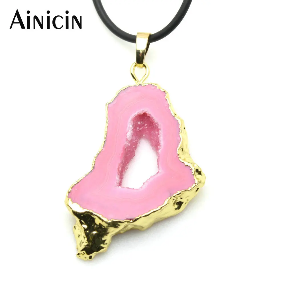 5pcs Natural Drusy Stone Pink Color Pendants Free From Shape Gold Color