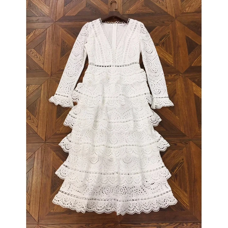 Longues V Blanc Évider Automne Ruches Femmes Manches Longue Sexy 2018 Robe Broderie Col Vacances Bohème Dentelle Plongeant Couche wFqnRCgI