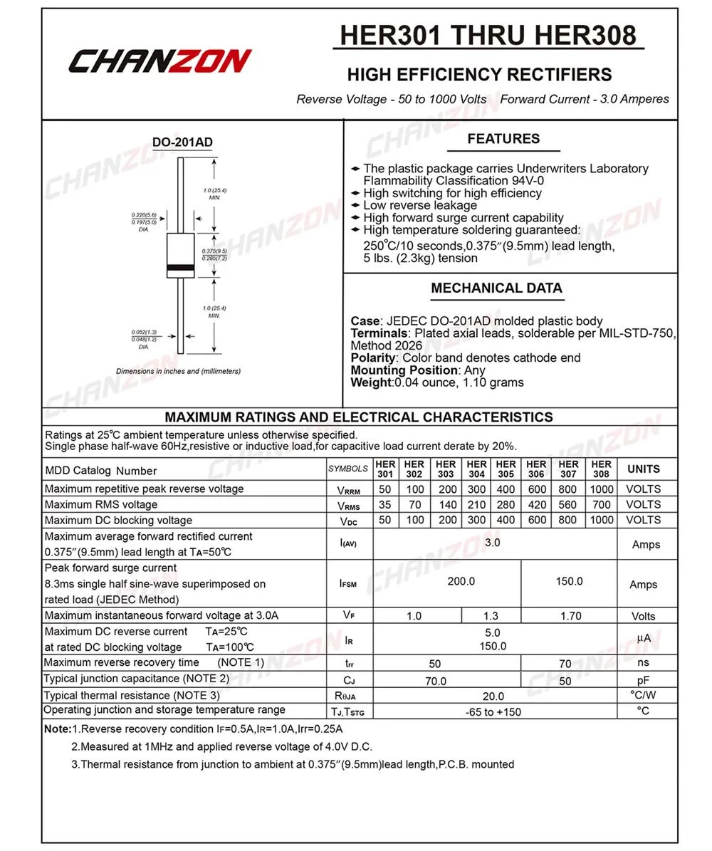Быстрорежущей инструментальной стали(20 шт.) HER308, и он имеет высокую эффективность с выпрямительным диодом 3A 1000 V 50-70ns DO-201AD(DO-27) осевой кулер 3 Ампер 1000 Вольт ее 308 диоды для подавления переходных скачков напряжения