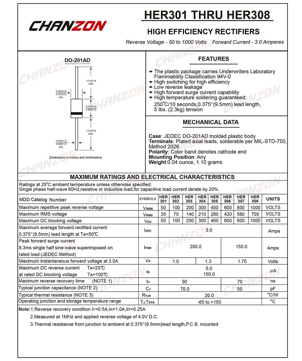 (20 шт.) высокоэффективный выпрямительный диод HER308 3A 1000 V 50 70ns DO 201AD (DO 27) осевой 3