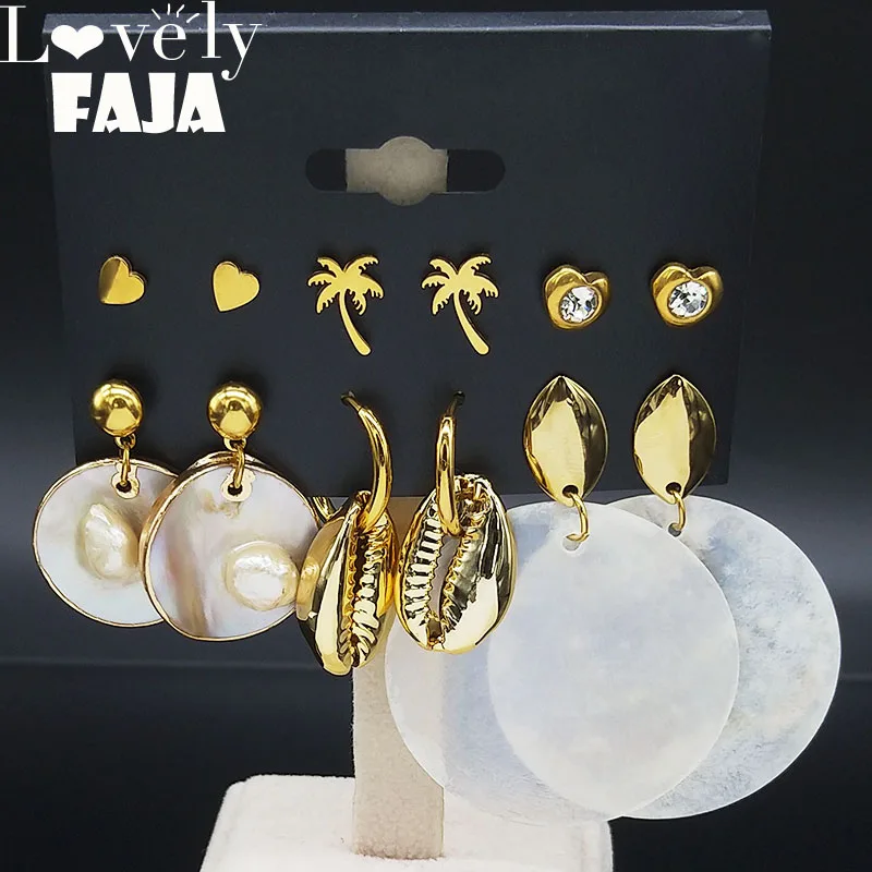 

Coconut Tree Shell Stainless Steel Earrings Stud Gold Color Beach Earrings Fashion Jewelry pendientes mujer moda E612843