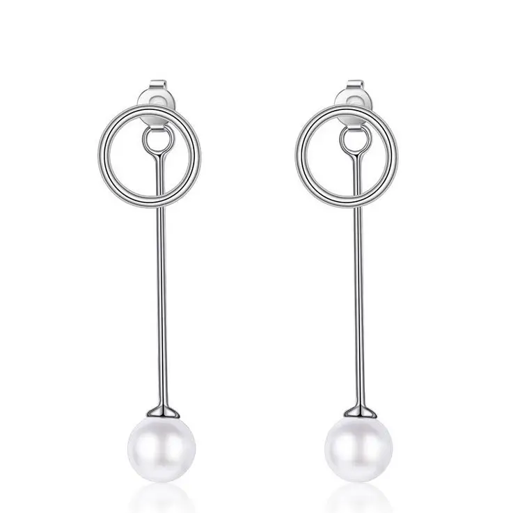 

2017 new arrival high quality fashion round circle pearl 925 sterling silver ladies`long stud earrings jewelry gift wholesale