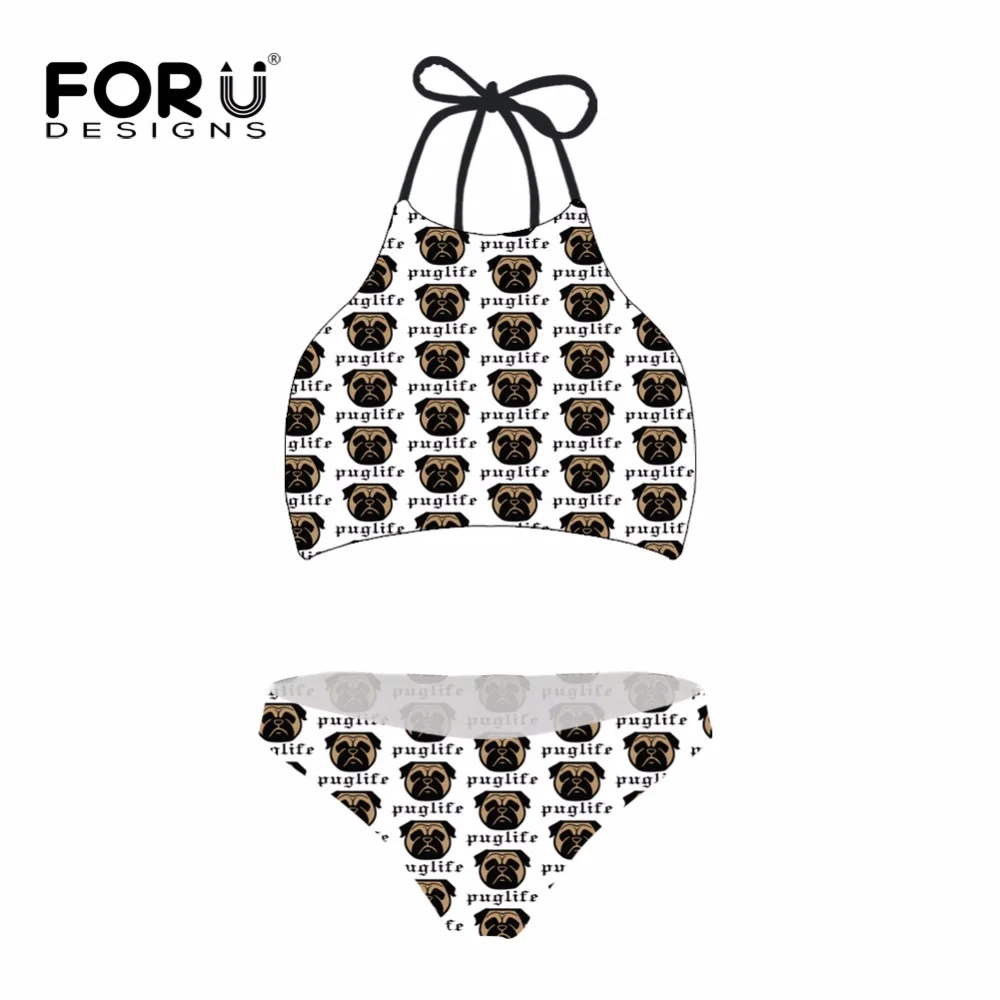 

FORUDESGINS Swimsuit Bikini Cute Pug Dog Printed Swimwear Women Two-piece Suits Swimming Suit for Women Sexy High Waist Bikini