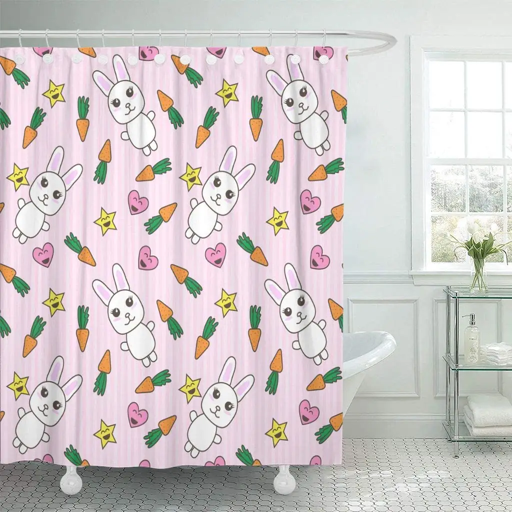 

Shower Curtain with Hooks Orange Adorable Kawaii with Cute Bunnies Pink Animal Anime Baby Bunny Carrot Cartoon Bathroom