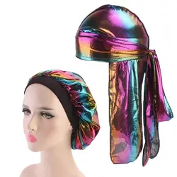 Модные для мужчин блестящие шелк Durag бандана головные уборы красочные Wide Doo Rag капот полиэстерная Кепка удобные колпак для сна