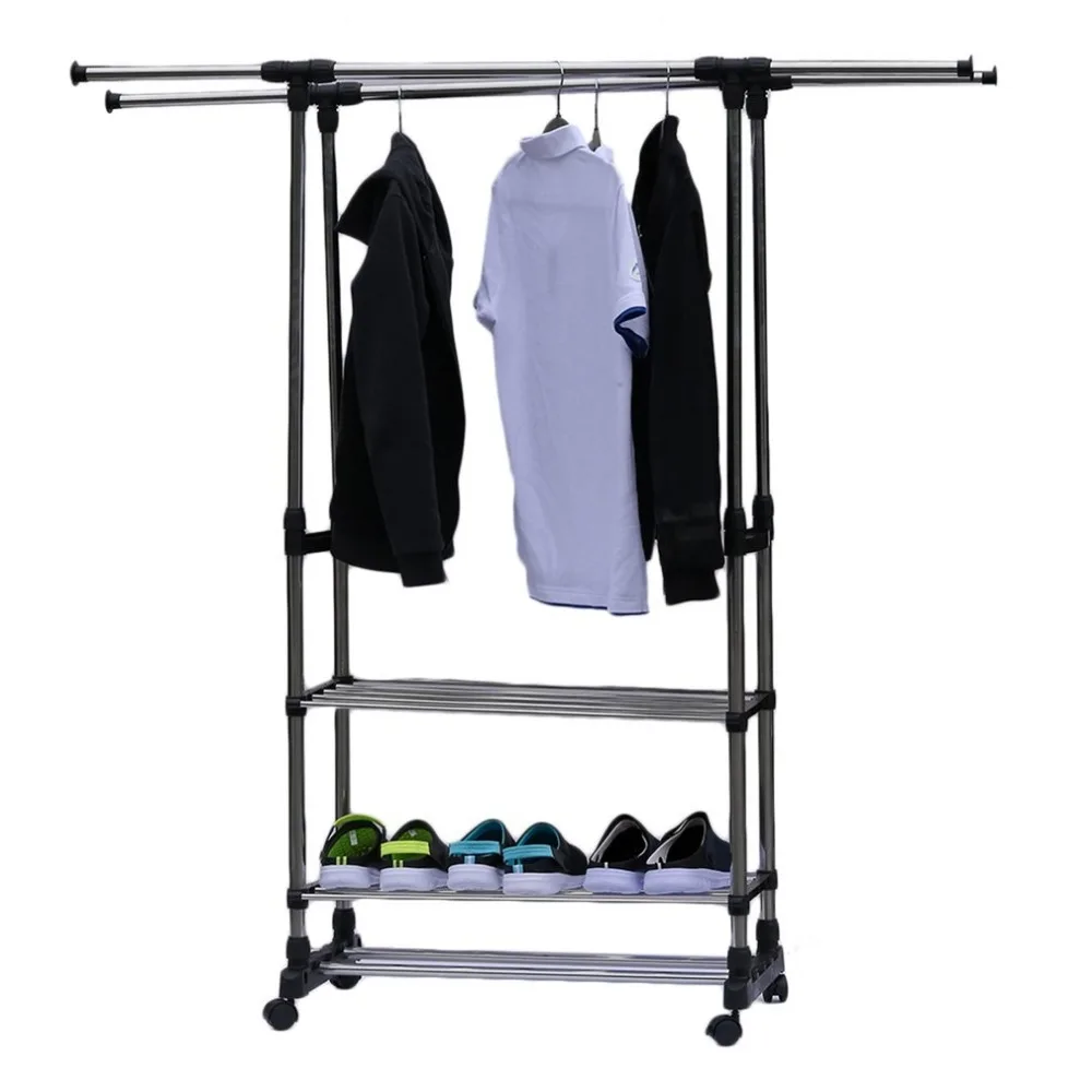 

Adjustable Telescopic Rolling Clothing Garment shoe Rack Portable Hanger On Wheels Heavy Duty Double Rail storage orginazer rack