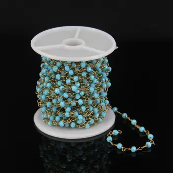 

3x4mm Wholesale Bulk Light Blue Glass Rosary Beaded Chain Gold Over Sterling or Plated Wire Wrapped Chain Delicate Prayer Chain